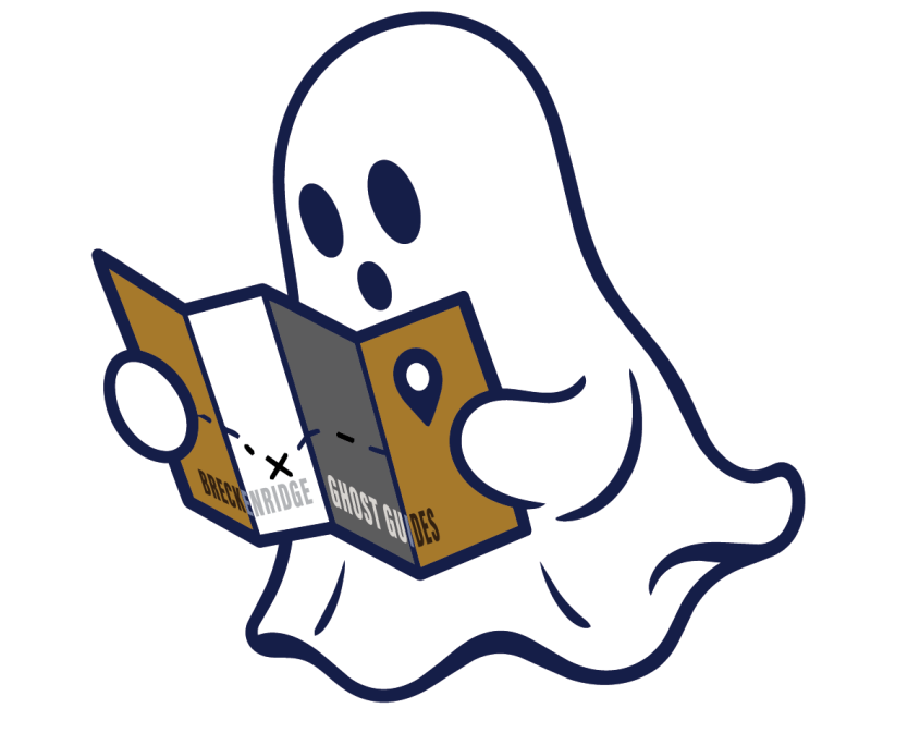 Ghost Graphic holding a Breckenridge Ghost Guide Trail map