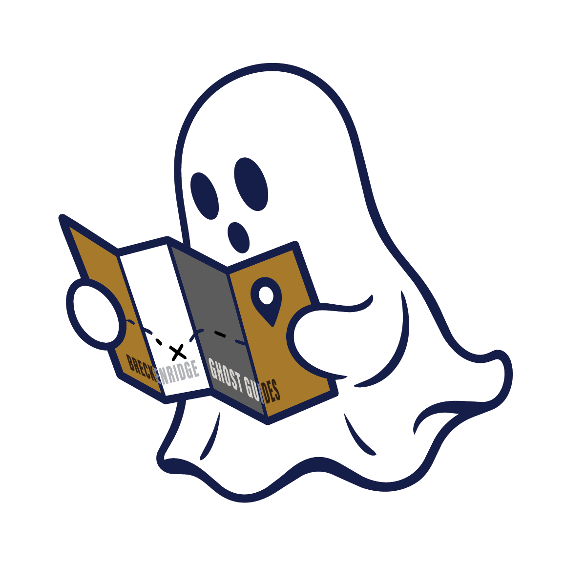 Ghost Graphic holding a Breckenridge Ghost Guide Trail map